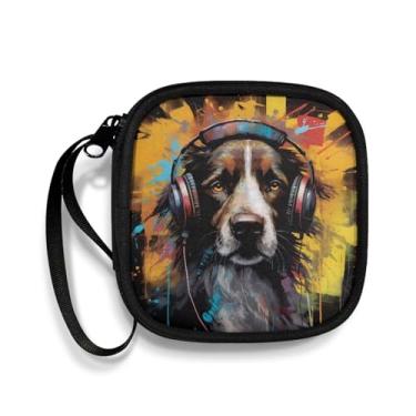 Imagem de Capa para fone de ouvido DJ Dog quadrada organizadora de fones de ouvido Bluetooth portátil com alça chaveiro para homens, mulheres e adolescentes