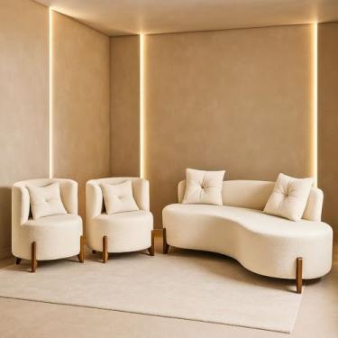 Imagem de Conjunto 2 Poltronas + Sofá Curvo Orgânico Luna Boucle Branco PÃ:copyright:s de Madeira - Montanaris Decor