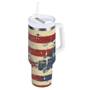 Imagem de xigua Copo American Star Flag de 850 g com tampa e canudo, aço inoxidável de vácuo duplo isolado garrafa de água esportiva suporte para copo de café de viagem à prova de vazamento para bebida gelada
