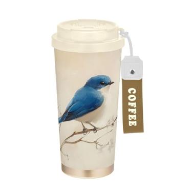Imagem de SEHANY Caneca de viagem de pássaro colorida de 482 g Copos de café reutilizáveis revestidos de cerâmica com tampa à prova de vazamento, parede dupla, copo de café de aço inoxidável isolado a vácuo