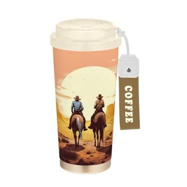 Imagem de SEHANY Caneca de viagem vintage caubói ocidental 482 g xícaras de café reutilizáveis revestidas de cerâmica com tampa à prova de vazamento, parede dupla, isolamento a vácuo, copo de café de aço