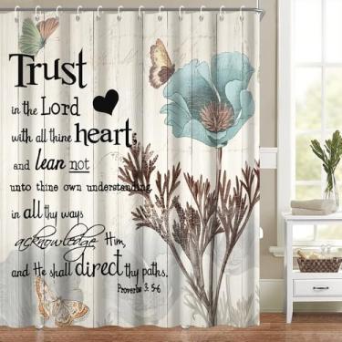 Imagem de Conjunto de cortina de chuveiro com versículo bíblico clássico com citação inspiradora borboleta azul-petróleo floral floral vintage escritura cristã decoração de banheiro lavável tecido de poliéster