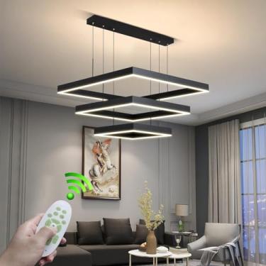 Imagem de Lustre moderno de metal com 3 anéis, luminária de teto geométrica com controle remoto para dimerização de 3000k a 6500k, luminária decorativa quadrada criativa adequada para sala de estar, q