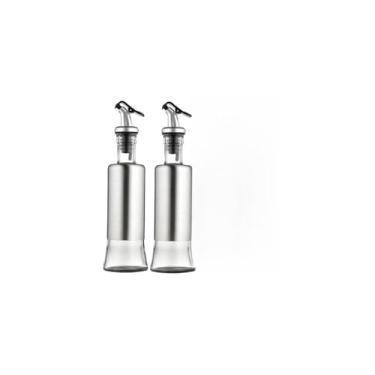 Imagem de Galheteiro de Azeite e Vinagre em Aço Inox e Vidro, 300ml, Sistema de Fácil Abertura, à Prova de Vazamento, Altura 26cm x Diâmetro 6cm