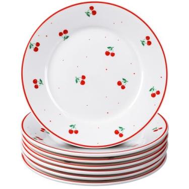 Imagem de Honeydak 6 peças de pratos de cerejeira pratos de cerâmica de 15 cm para salada, aperitivo, sobremesa, talheres, para frutas, cereja, artigos de aniversário, casamento, chá de bebê, decoração de festa