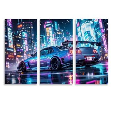 Imagem de HUIROBO Jdm Classic Sports Car R34 Neon City Poster Arte de Parede em Tela para Sala de Estar Quarto Decoração de Casa Escritório Pintura Pósteres (40 x 80 cm) × 3)