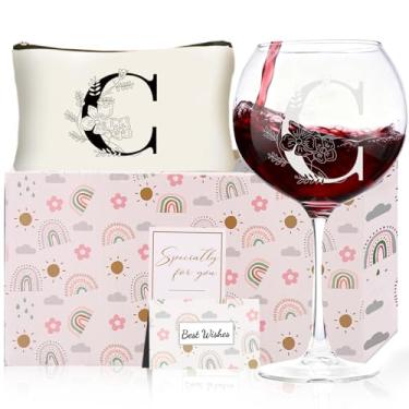 Imagem de Presentes de Natal para mulheres, taças de vinho com monograma com bolsa de maquiagem, presentes exclusivos de elefante branco de casamento para mãe, pai, irmã, professora, esposa, marido (C)
