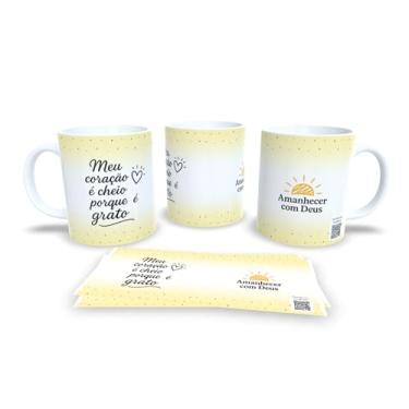 Imagem de Caneca de Cerâmica com Frases Motivacionais, Amanhecer com Deus, Amarelo e Branco, Design Pontilhado (20826)