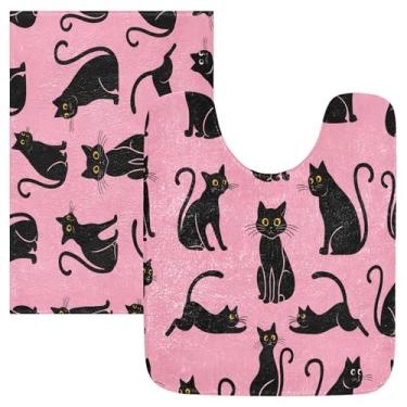 Imagem de Burbuja Conjunto de tapete de banheiro de gato preto, tapete de banho absorvente de pelúcia macio, base de vaso sanitário antiderrapante para banheiro
