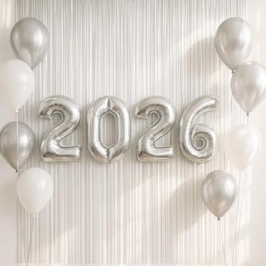 Imagem de Kit de Balões Bexigas Número Metalizado 2026 Ano Novo Reveillon Branco e Prata Decoração para Festa de Ano Novo Arco de Balões Bolas Balão Bexiga Arco Orgânico - Fácil de Montar