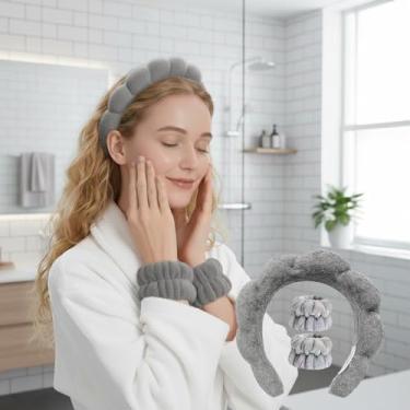 Imagem de Conjunto de faixa de cabeça e pulseiras de spa para lavar o rosto - faixa de cabelo macia de spa, faixas de cabelo de maquiagem para cuidados com a pele para pia de banheiro
