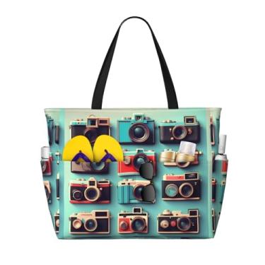 Imagem de SKKNT Coleção de câmera retrô descolada, impressa, sacola de grande capacidade, impermeável, à prova de areia, praia, academia, viagem, férias, piquenique