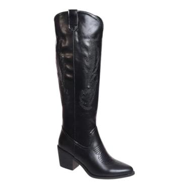 Imagem de Pierre Dumas Botas femininas de caubói com zíper, salto grosso, bico fino, bordado, caubói ocidental, cano alto, para meninas, Preto 104, 36
