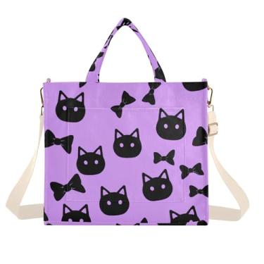 Imagem de Burbuja Sacola feminina preta com cabeça de gato, bolsa tiracolo de veludo cotelê, para compras, trabalho, viagens, Arcos pretos com cabeças de gato, Small