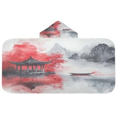 Imagem de Burbuja Toalha de banho com capuz de pintura a tinta chinesa para crianças, toalha de praia de pelúcia absorvente macia para meninas e meninos 3-10 anos, 61 x 127 cm