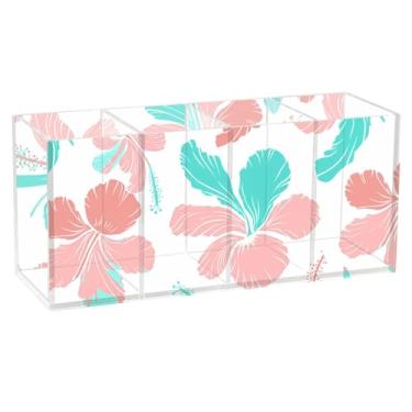 Imagem de Burbuja Porta-canetas de acrílico com flores de hibisco, 4 compartimentos, suporte de lápis transparente para pincéis de maquiagem, acessórios de mesa de escritório em casa