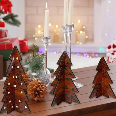 Imagem de Conjunto de decoração de mesa de árvores de Natal de madeira 3 peças de centro de mesa rústicas independentes para bandeja em camadas, decoração de casa de Natal (madeira 03)