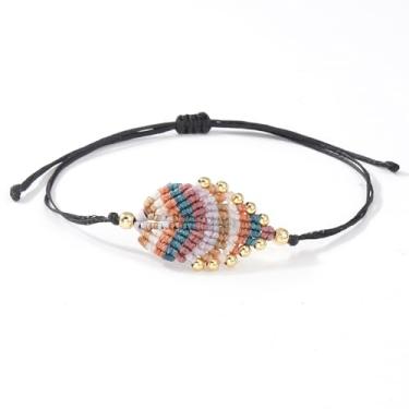 Imagem de EQUBIO Pulseira de corda de cera de macramê com contas de cobre douradas, cordão preto boho ajustável trançado natureza pulseira em tons rosa bege para mulheres e homens