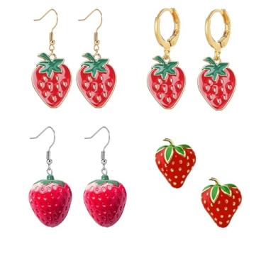 Imagem de DEYOUM 4 pares de brincos de morango para mulheres, lindos brincos de resina 3D esmaltados imitam morango realistas, joias e acessórios para presentes, Medium, Metal, Sem pedra preciosa