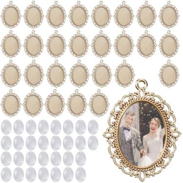 Imagem de Josojoou 30 bandejas com pingente de metal e 30 peças de cabochão de vidro para fazer joias, pingente oval de foto, bandejas de pingentes de camafeu dourado, para fazer joias para buquê de noiva DIY e