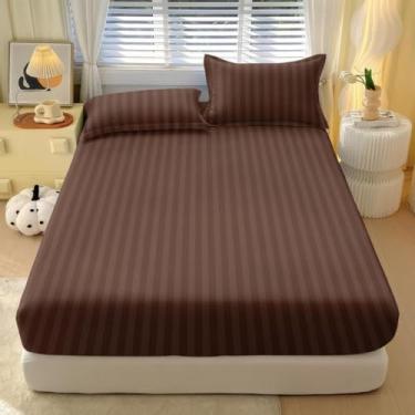 Imagem de Jogos De Lençol Com Elástico Listrado 400 Fios Solteiro 2 Peças Casal e Queen 3 Peças(Marrom,SOLTEIRO 02 Pecas)