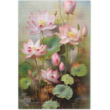 Imagem de Quebra-cabeça com estampa de flor de lótus, 1000 peças, adultos, pintura de belas artes, quebra-cabeça divertido para a família, presentes de elefante branco