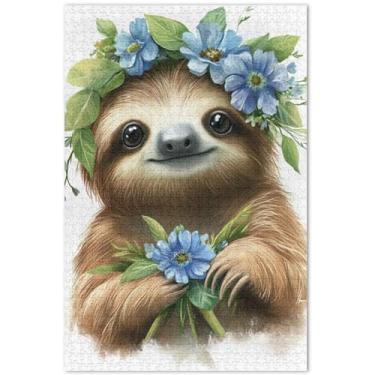 Imagem de Quebra-cabeça com flores de preguiça fofas para adultos, 1000 peças, pintura animal, decoração personalizada, quebra-cabeças exclusivos para adultos, presentes para jogo de elefante branco, 75 x 40 cm