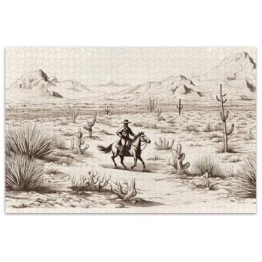 Imagem de Quebra-cabeça de cowboy montando cavalo cacto paisagem para adultos 1000 peças engraçadas difíceis quebra-cabeças para adultos desenho animado animal