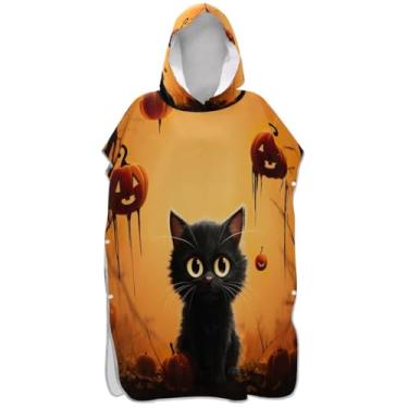 Imagem de Joisal Poncho de surf de abóbora de gato de Halloween para mudança de roupão adulto unissex de secagem rápida com capuz toalhas de banho de praia com capuz