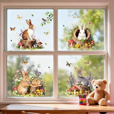 Imagem de ANATTASOUL Adesivos de janela estática de coelho e flores, 1 folha reutilizável para vidro, adesivo de janela dupla face removível de 120 cm x 30 cm para decoração de quarto, escritório, casa