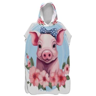 Imagem de Joisal Poncho de surfe reutilizável para adultos, roupão de banho, toalhas com capuz, porco fofo com laço, ponchos de praia para homens