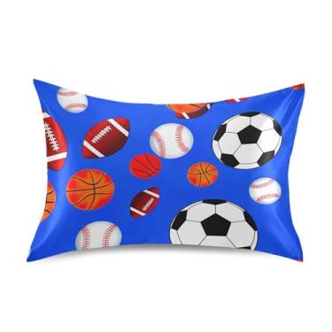 Imagem de Bolas esportivas bolas de futebol azul cetim fronhas florais refrescantes fronhas macias cama linda arte padrão rei queen fronha tamanho padrão 66 cm x 50 cm