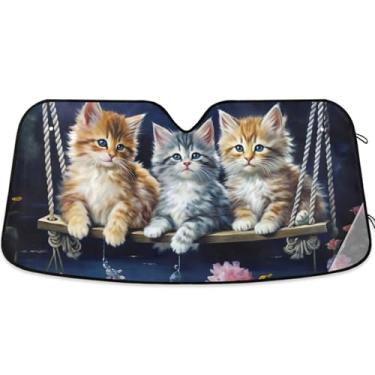 Imagem de Toldo de sol com estampa de gatos fofos para para-brisa de carro, caminhão dobrável, engraçado, para-brisa para para-brisa dianteiro, retrátil S, 134,6 cm x 59,7 cm