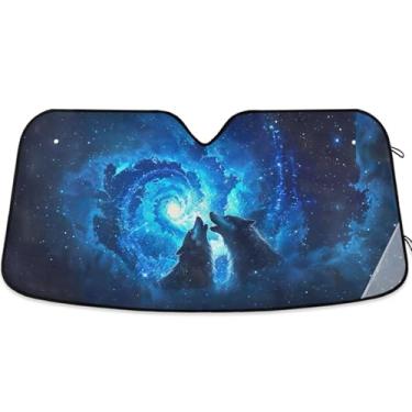 Imagem de Toldo de sol personalizado Wolves Howling Moon Space para para-brisa de carro engraçado dobrável sombra de carro para para-brisa dianteiro impressão animal retrátil M, 139.7 cm x 70.1 cm