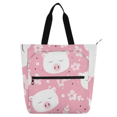 Imagem de GAIGEO Sacola floral fofa com rostos de porco para crianças, mulheres, trabalho, escola, zíper, bolsa para livros, bolsa de lona rosa