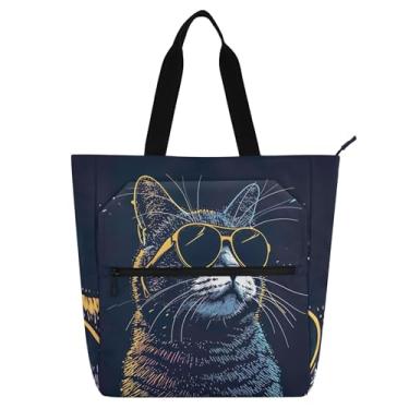 Imagem de Sacolas femininas pretas engraçadas de gato fofo para trabalho, lona, bolsas de tecido, faculdade, escola, viagem, livros, presentes