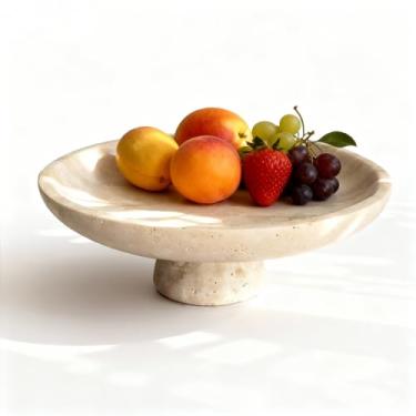 Imagem de Axiqunel Fruteira travertino natural, 26 cm com pedestal, tigela decorativa grande para balcão de cozinha, mesa de jantar, centro de mesa e decoração de entrada