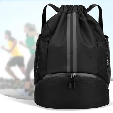 Imagem de Mochila esportiva com cordão para mulheres e homens, mochila de natação, bolsa de ginástica com compartimento para sapatos e bolso à prova de umidade