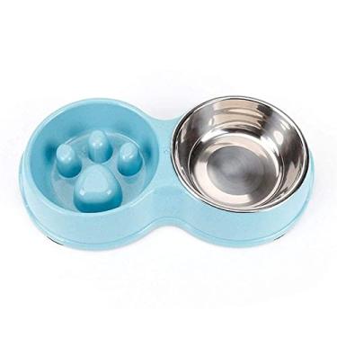 Imagem de Alimentador para animais de estimação de aço inoxidável para cães tigelas duplas de plástico para alimentação lenta Tigelas de alimentação e bebida para filhotes de cães pequenos alimentadores duráveis (cor: azul, tamanho: 32x13,5x14x5cm)