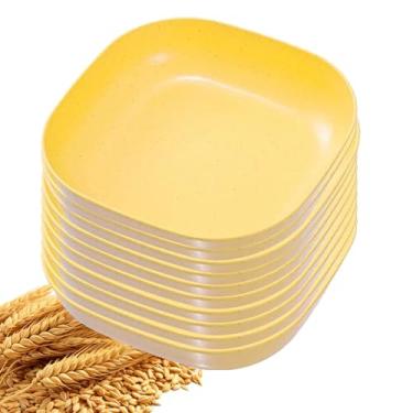 Imagem de YuanQ Pacote com 10 pratos de salada quadrados profundos de 14,5 cm, inquebráveis, leves, laváveis na lava-louças e no micro-ondas, reutilizáveis para lanches ou saladas (Amarelo)
