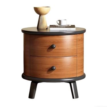 Imagem de Mesa de cabeceira moderna com 2 gavetas de armazenamento, mesa de cabeceira de madeira, pequenos suportes de cabeceira para quartos, design de perfil curvo, mesas de canto pequenas