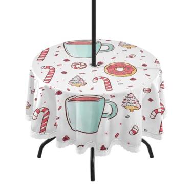 Imagem de Wassud Toalha de mesa redonda para uso ao ar livre com orifício para guarda-chuva, toalhas de mesa de doces de Natal de 152 cm para aniversário, casa de fazenda, cozinha