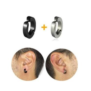 Imagem de Kit Brinco Pressão Magnético Argola Preto Prata Masculino 2 Cores-Unissex