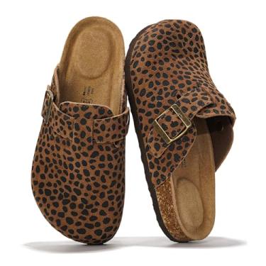 Imagem de Project Cloud Tamancos femininos de couro genuíno - Pantufas femininas com suporte de arco de espuma viscoelástica - Sandálias femininas modernas sem cadarço (Benton), Leopardo marrom escuro, 35
