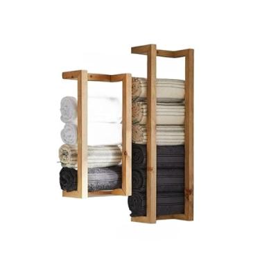 Imagem de Kit 2 Porta Toalhas de Madeira Resistente,Organizador Nicho Toalheiro Prático para Banheiro e Quarto,Ideal para Famílias(Cru)