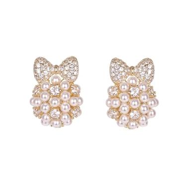 Imagem de Brincos de pérola para mulheres, brincos de pérola sintética de zircônia cúbica, design redondo de flor de lágrima com laço de borboleta, joia hipoalergênica elegante para uso diário e presentes