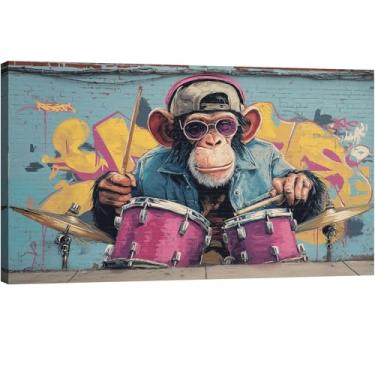 Imagem de Halioyo Arte de parede em tela de macaco grafite para bar, imagens de decoração de música de gorila abstrata, pôsteres de arte de rua hip pop impressões para dormitório quarto adolescente quarto