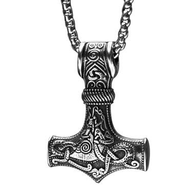 Imagem de bahamut Colar com pingente de martelo Viking Thor, amuleto Mjolnir de aço inoxidável preto com corrente, talismã de proteção da mitologia nórdica para homens, Medium, Aço inoxidável, Sem Pedra