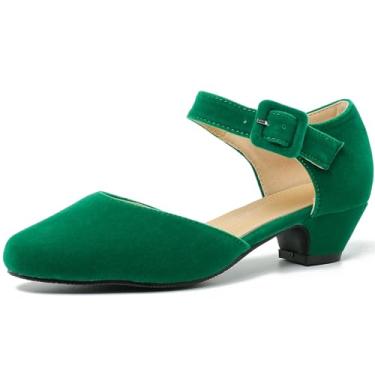 Imagem de Sapato feminino de salto baixo com fivela no tornozelo, bico fechado, confortável, salto grosso, sapato de trabalho, Camurça verde, 35