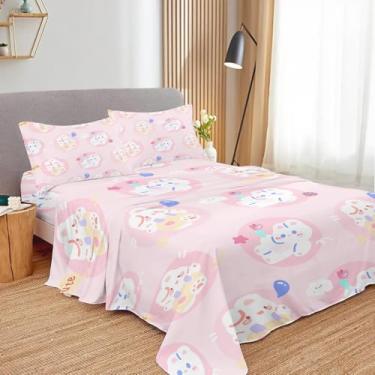 Imagem de SNcek Jogo de lençol infantil de coelho rosa, tamanho solteiro, 4 peças, estampa roxa de microfibra, bolso profundo